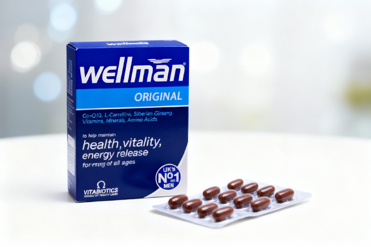 ترکیبات قرص ولمن اصلی روی میز چوبی با پس زمینه طبیعی